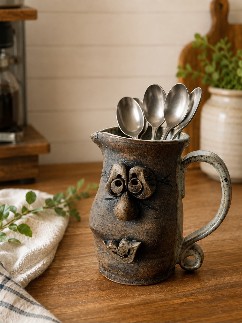 Vintage Handmade Stoneware Face Creamer / Mini Pitcher – Folk Art Pottery